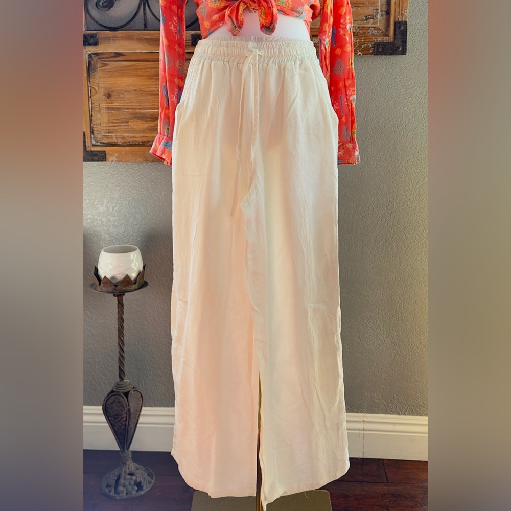 Creamy Ivory Linen Gauze Elastic Tie Waist Pull-On Pants -Warm Weather Ready! -M